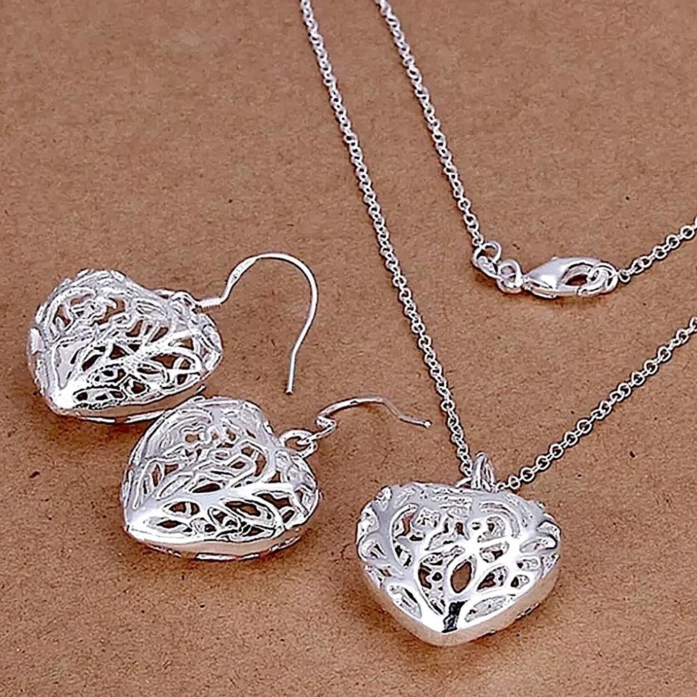 NEW STERLING SILVER HEART HOLLOW OUT NECKLACE EARRINGS SET